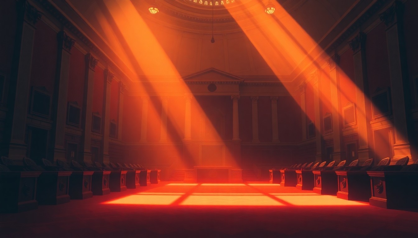 A serene, cinematic painting of an empty government building or legislative chamber bathed in warm, diagonal sunlight and deep shadows, conveying a sense of political tension and uncertainty.