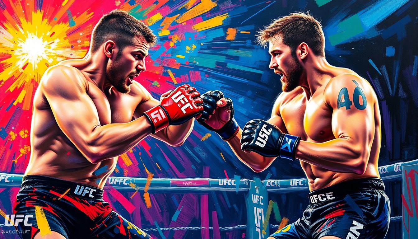 An abstract, expressionist painting in neon colors depicting the dynamic movements and energy of two MMA fighters engaged in an intense match, conceptually representing the high-stakes main event between Paddy Pimblett and Justin Gaethje.