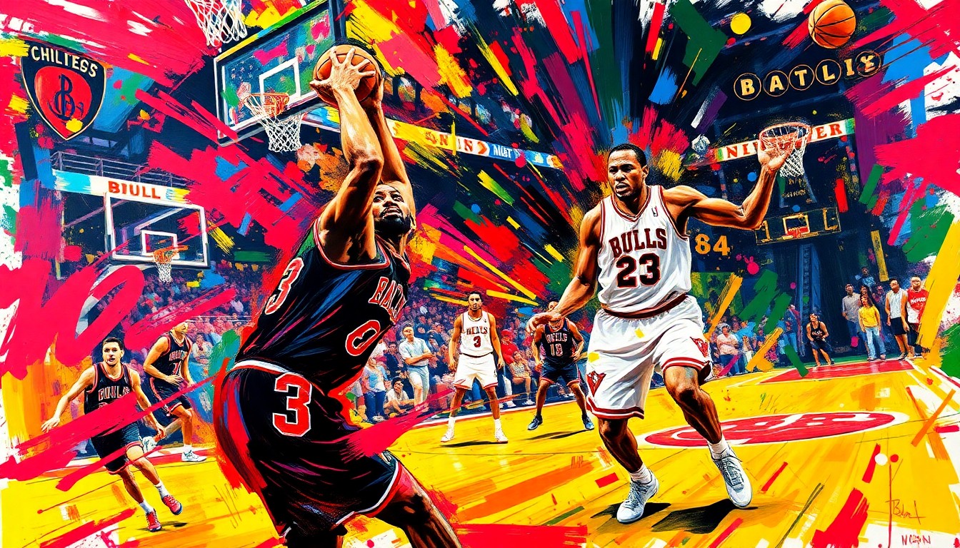 An abstract, energetic painting featuring bold, neon-colored brushstrokes that capture the intensity and movement of a basketball game, conceptually representing the Bulls' dominant performance over the Nets.