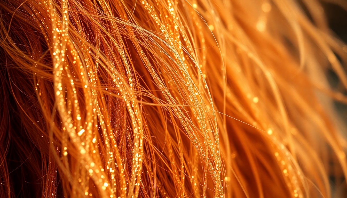 An abstract, close-up photograph of shimmering, glittery hair textures in warm, golden tones, capturing the essence of festival-ready hairstyles.