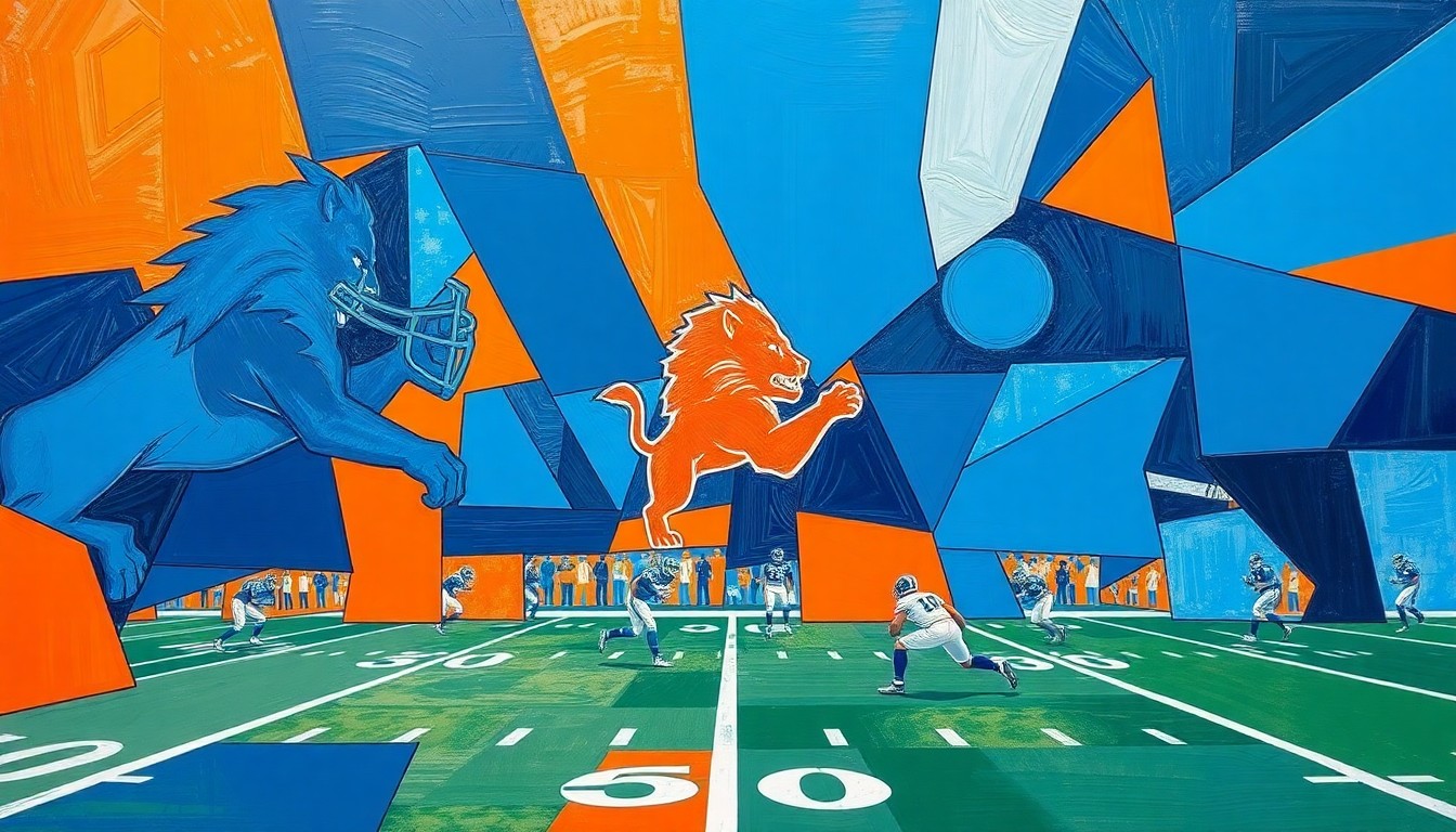 A fragmented, cubist-style painting depicting a Detroit Lions football game or practice, with sharp, overlapping geometric shapes in deep blue, burnt orange, and metallic silver, conveying the team's strategic focus on long-term roster development.