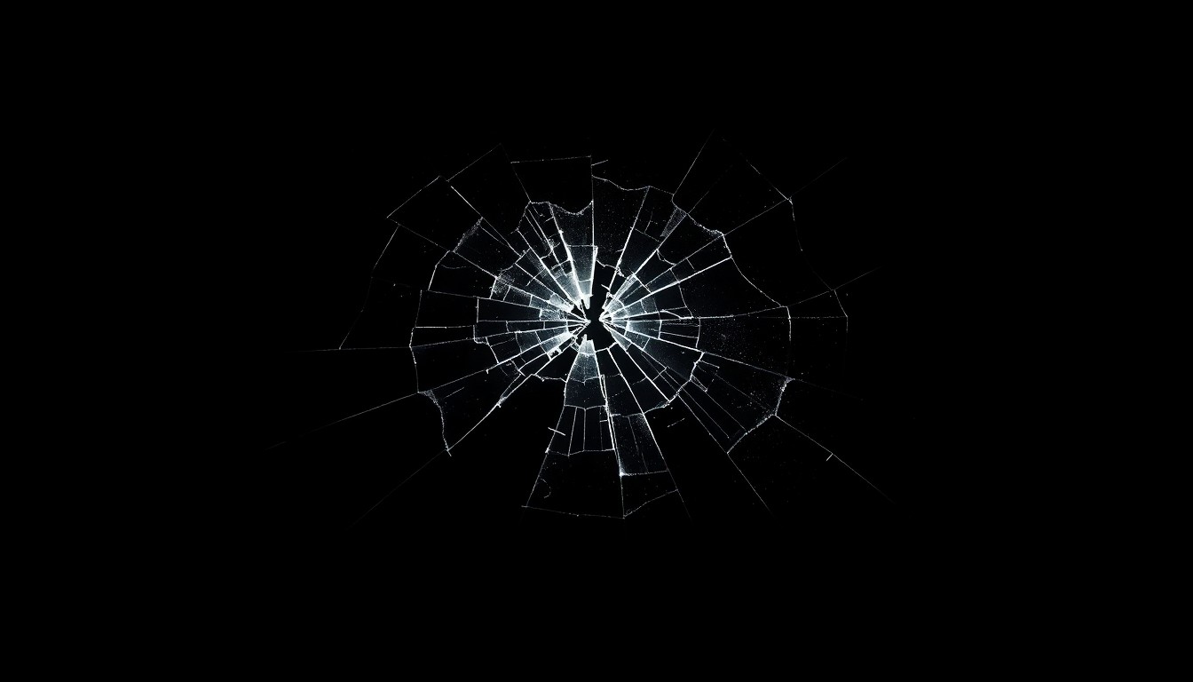 An extreme close-up of a shattered car windshield reflecting a harsh, direct flash of light, conceptually illustrating the devastating impact of a high-speed collision.