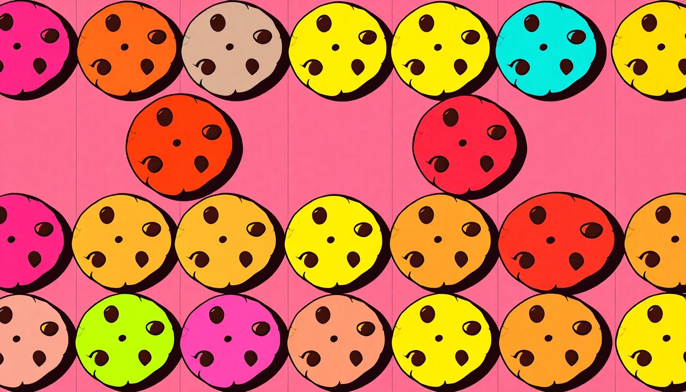 A bold, colorful silkscreen illustration featuring a repeated pattern of a single, iconic cookie in vibrant neon hues, conceptually representing the beloved Millie's Cookies brand and the complex issues of food safety and hygiene that the business now faces.