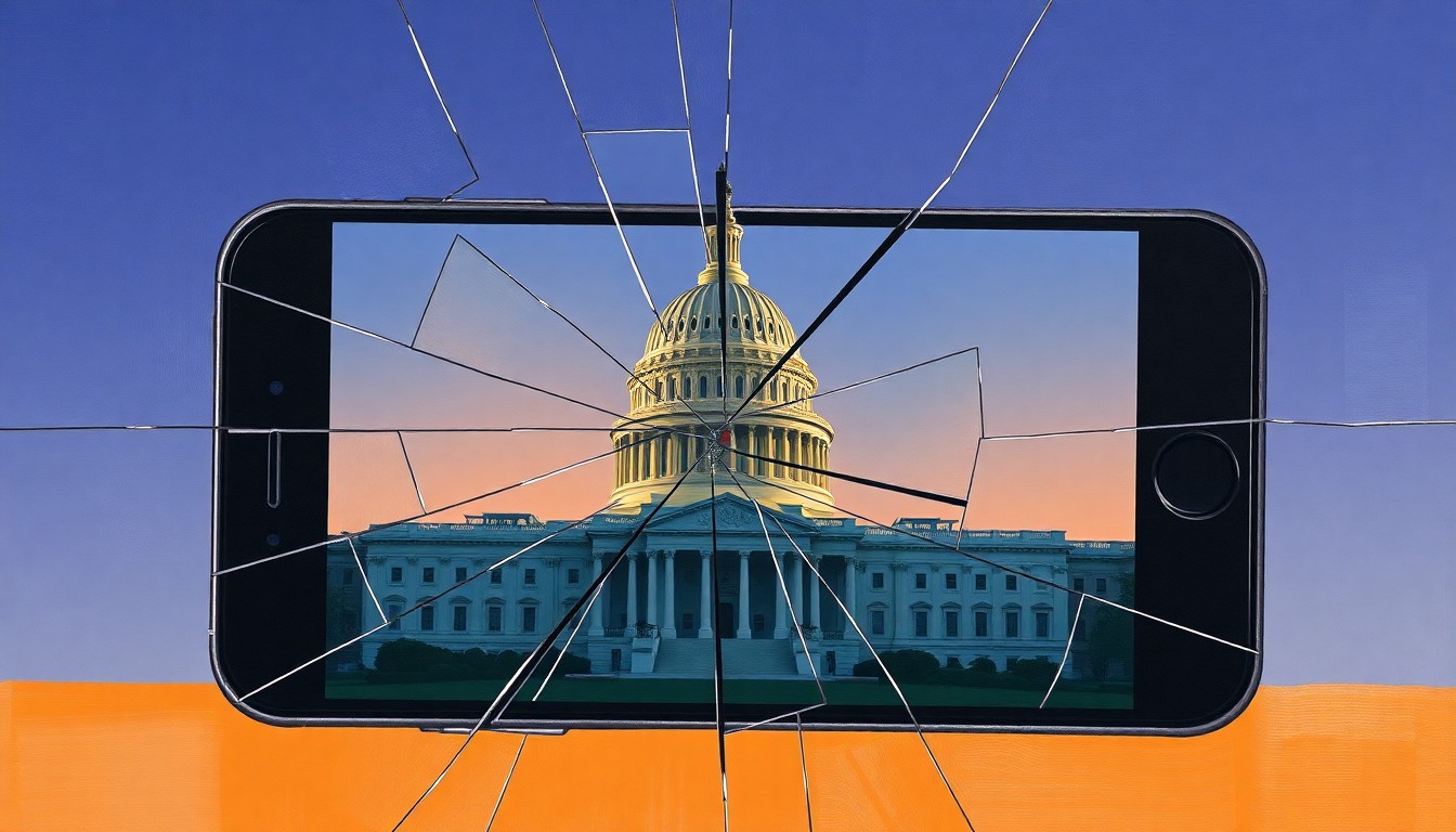 A fractured, abstract painting depicting the silhouette of the U.S. Capitol building reflected in the cracked screen of a smartphone, conveying a sense of political fragmentation and discord over the president's Iran policy.