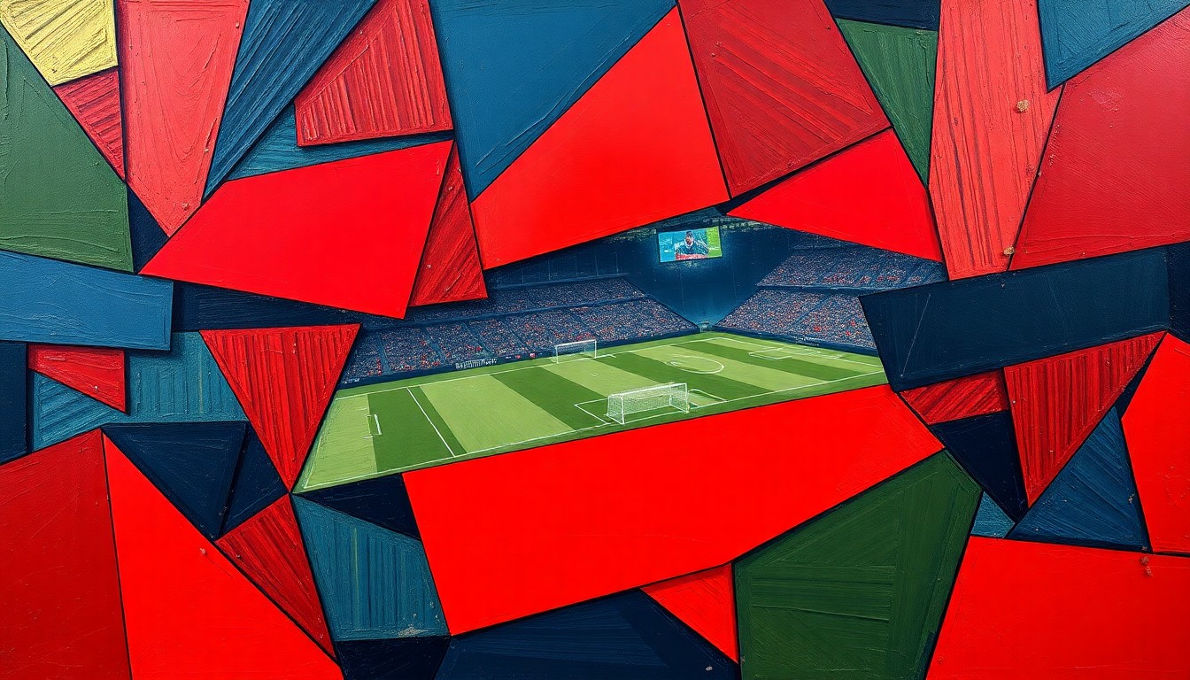 A cubist, geometric painting depicting a fragmented football field with overlapping shapes and planes in shades of red, blue, and green, conceptually representing the financial challenges facing the Atlanta Falcons' roster.