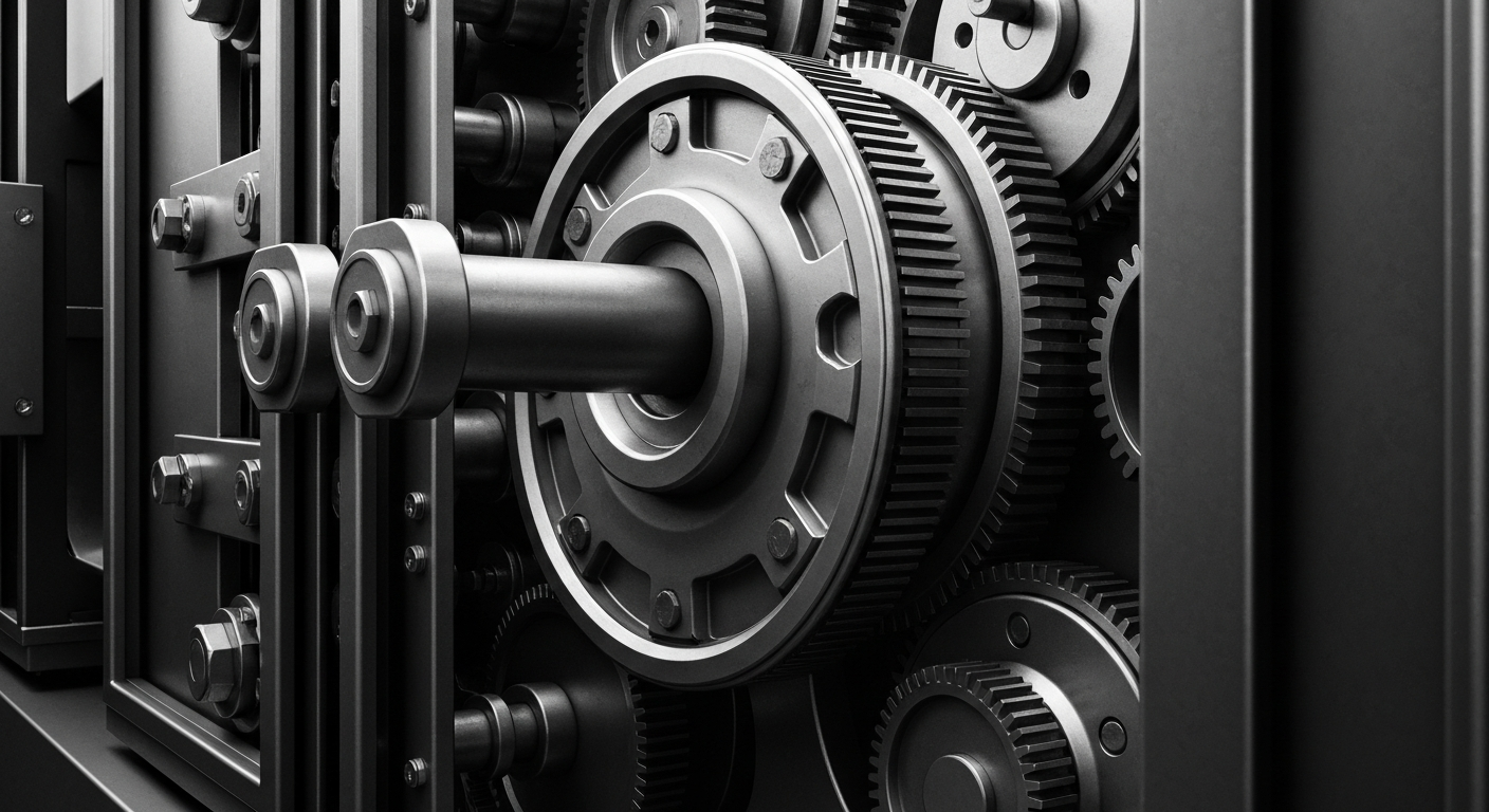 A high-contrast black and white close-up image of the intricate gears and machinery inside a large industrial banking vault, conveying a sense of the heavy, powerful infrastructure underlying the financial system.