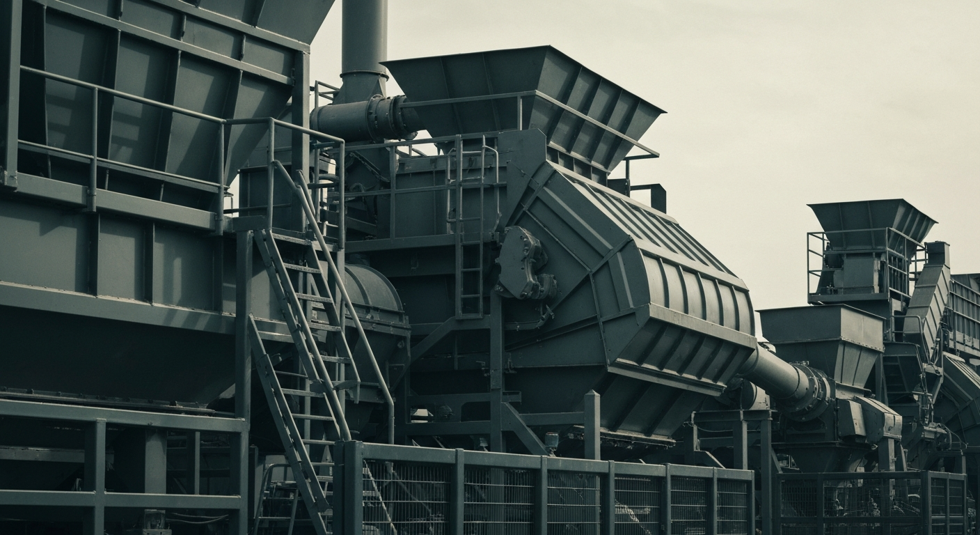 An extreme close-up of large, industrial machinery and equipment used in food processing and recycling, conveying a sense of scale, power, and technological sophistication.