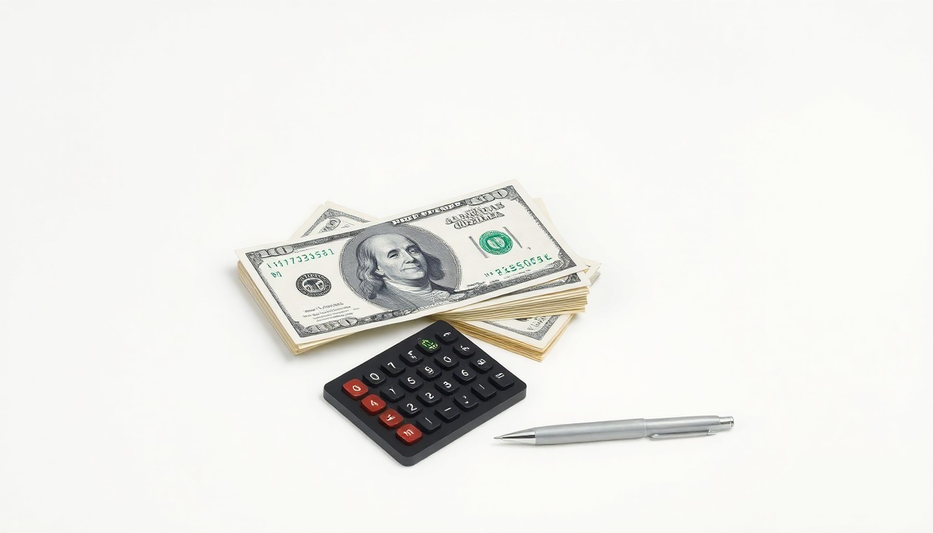 A photorealistic studio still-life image featuring a stack of dollar bills, a calculator, and a pen arranged elegantly on a clean, monochromatic background, symbolizing the financial analysis and market performance of Albertsons Companies.