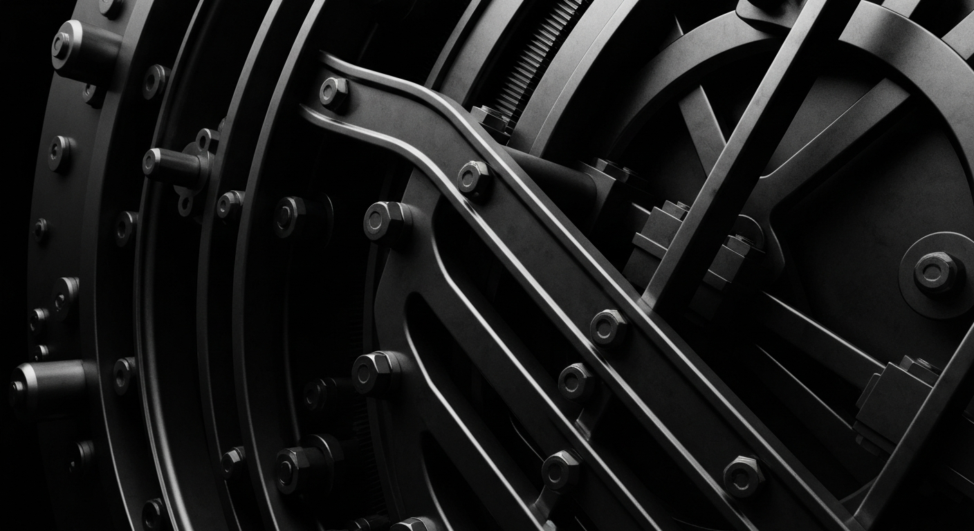 A high-contrast, cinematic close-up of a complex, industrial-looking financial mechanism, such as a bank vault door or a stock ticker, representing the inner workings of Netflix's business.