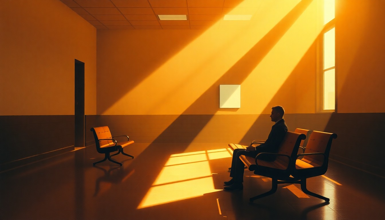 A serene, cinematic painting depicting a solitary person sitting in a government office waiting room, the space filled with warm, diagonal sunlight and deep shadows, conveying a sense of quiet contemplation and the personal impact of navigating complex social services.