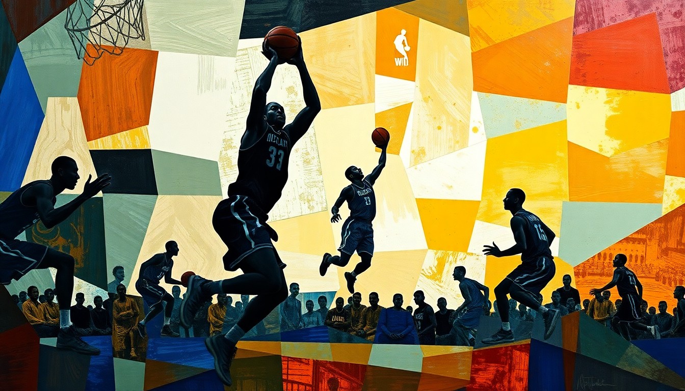 A fractured, multi-perspective painting featuring the silhouettes of basketball players in motion, their forms deconstructed into abstract geometric shapes and planes of color, conceptually representing the record-breaking scoring accomplishment of an NBA legend.