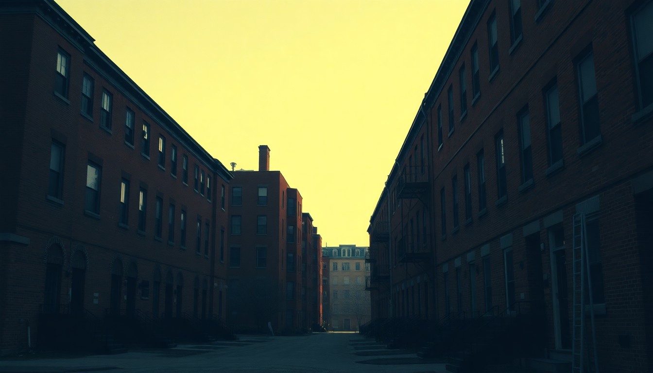 A serene, nostalgic painting of a row of old brick apartment buildings in a quiet Worcester neighborhood, with warm sunlight and deep shadows creating a contemplative mood.