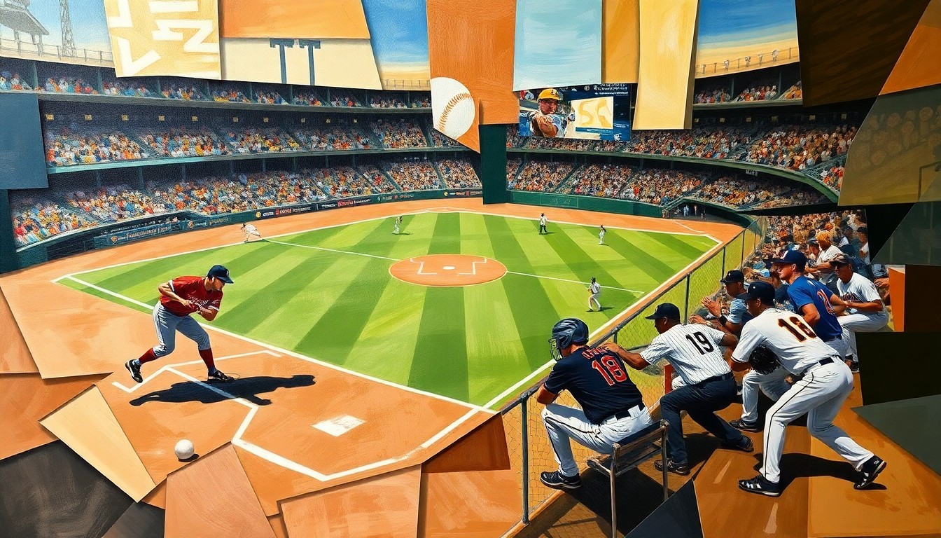 A fragmented, cubist-style painting depicting the dynamic movements and energy of a baseball game, with the players' forms broken down into sharp, overlapping geometric shapes and planes.