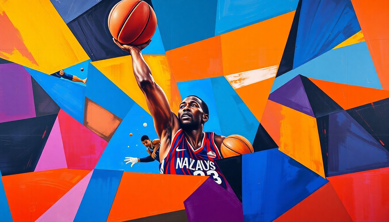 A cubist, geometric painting depicting a basketball game in motion, with the court and players broken down into sharp, overlapping shapes and planes in vibrant colors, capturing the energy and intensity of the sport.
