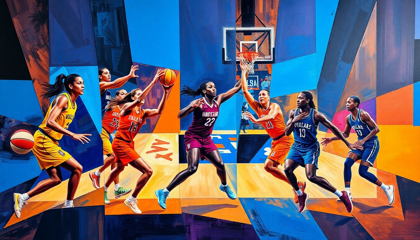 A cubist, geometric painting depicting a WNBA basketball game in motion, with the players' forms broken down into abstract shapes and planes of vibrant colors, capturing the dynamic energy and intensity of the sport.
