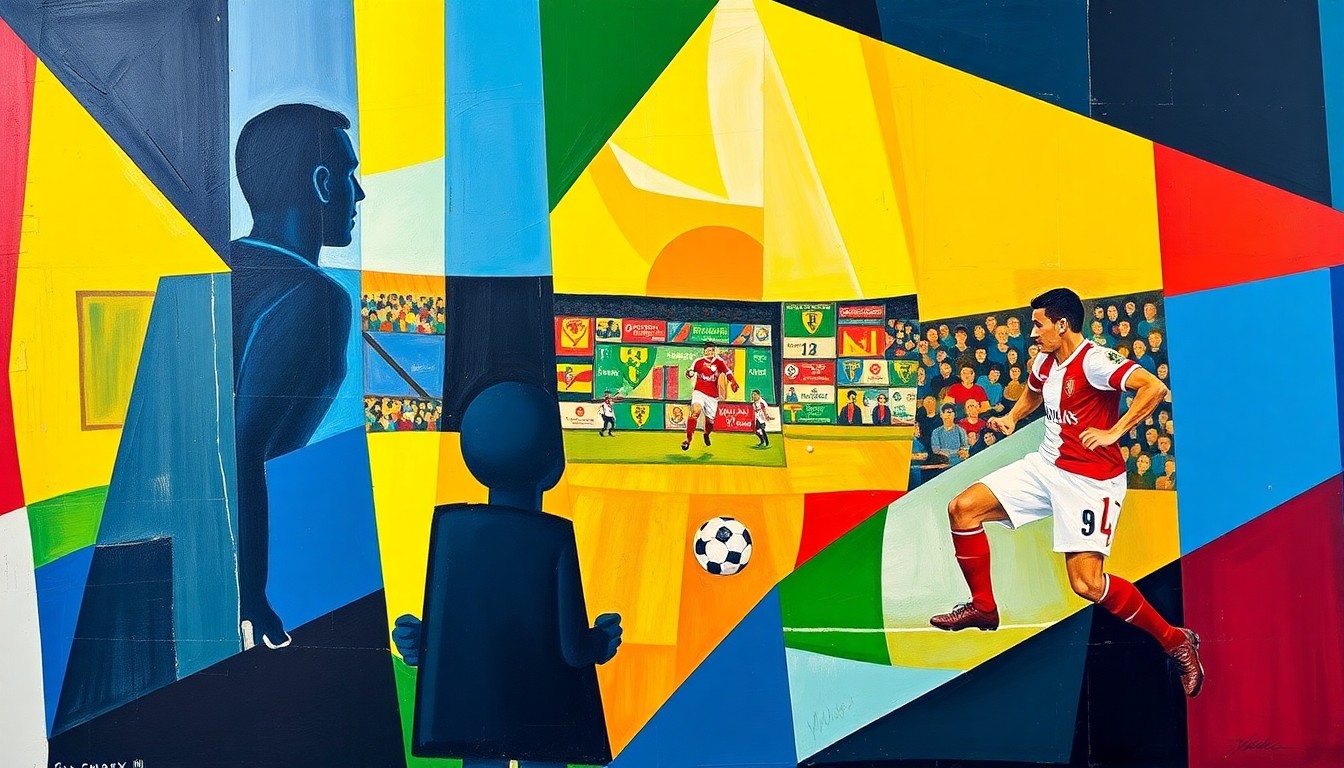 A fractured, geometric painting in vibrant colors representing the energy and movement of a football match, with sharp, overlapping planes that deconstruct the action on the pitch.