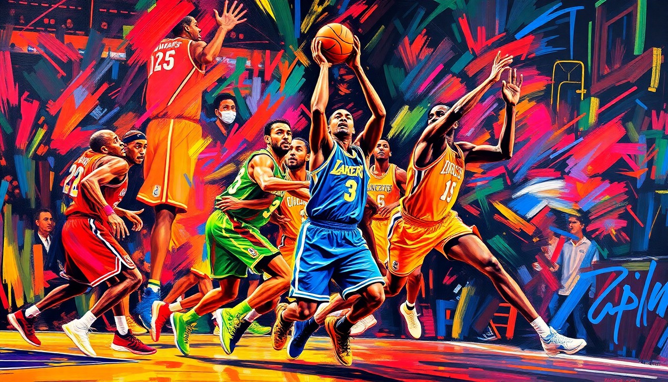 An abstract, energetic painting in vibrant neon colors and rapid brushstrokes, conveying the raw intensity and fast-paced action of an NBA basketball game.