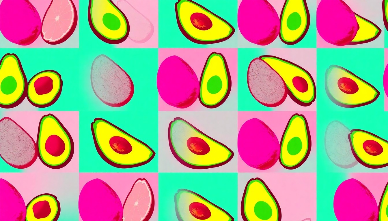 A highly stylized, pop art-inspired illustration featuring a repeating grid of a single, iconic spring ingredient like a citrus fruit or avocado, rendered in bold, neon-bright colors and heavy black outlines to capture the spirit of the season.