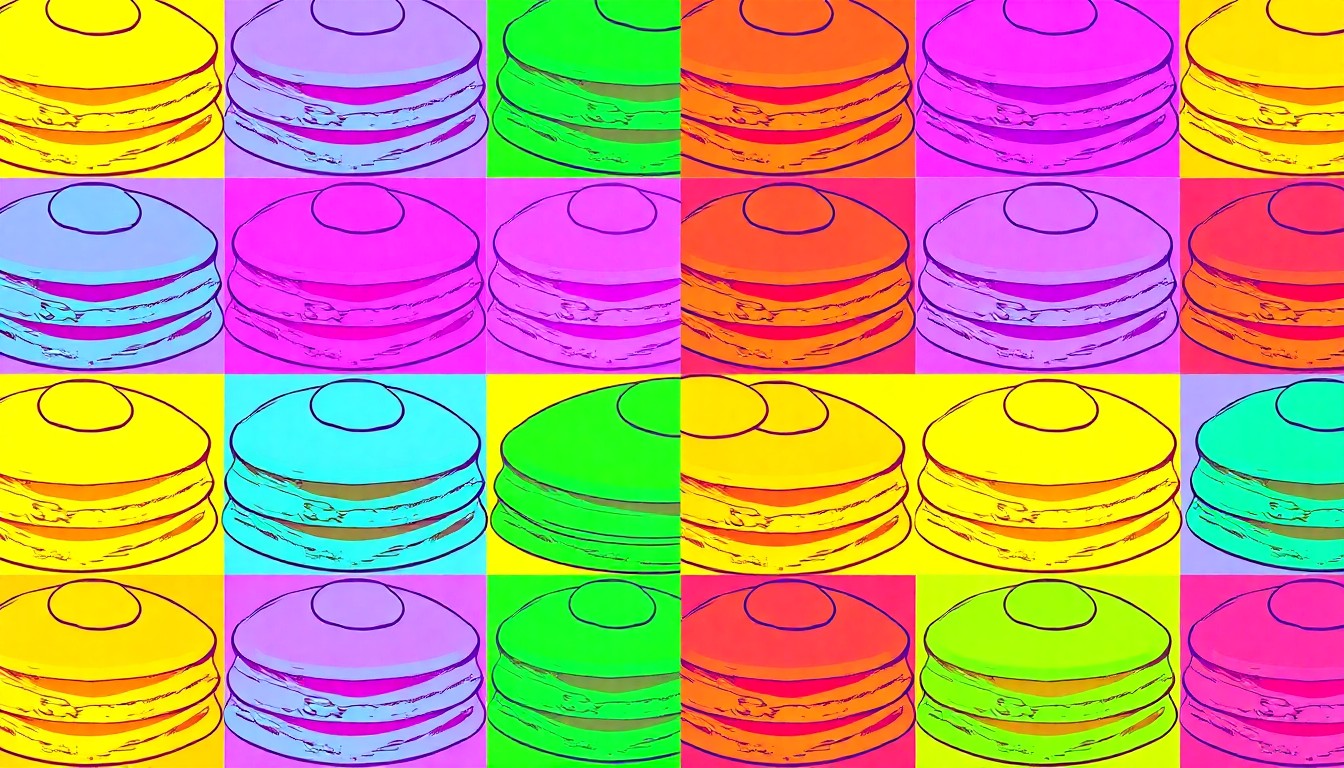 A vibrant, high-contrast silkscreen illustration of a stack of pancakes repeated in a grid pattern, conceptually representing the enduring appeal of classic Florida breakfast dishes.