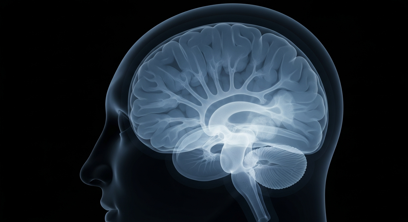 An extreme close-up X-ray image revealing the intricate structure of a human brain, with glowing blue and gray lines and shapes against a dark background, conceptually representing the hidden depths that can be explored in therapy.