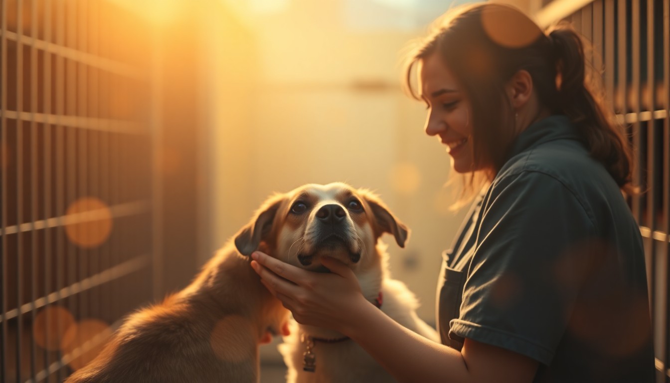 An abstract, out-of-focus photograph showing the blurred silhouette of a person petting a dog, with warm, hazy pools of light and color creating a compassionate, dreamlike atmosphere.