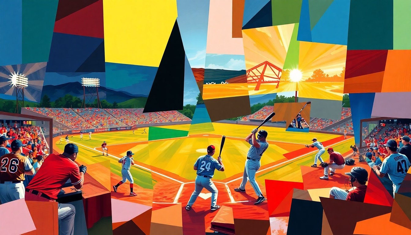A cubist, geometric painting depicting the action of a high school baseball game, with players, bats, and the field broken down into overlapping planes of vibrant colors.