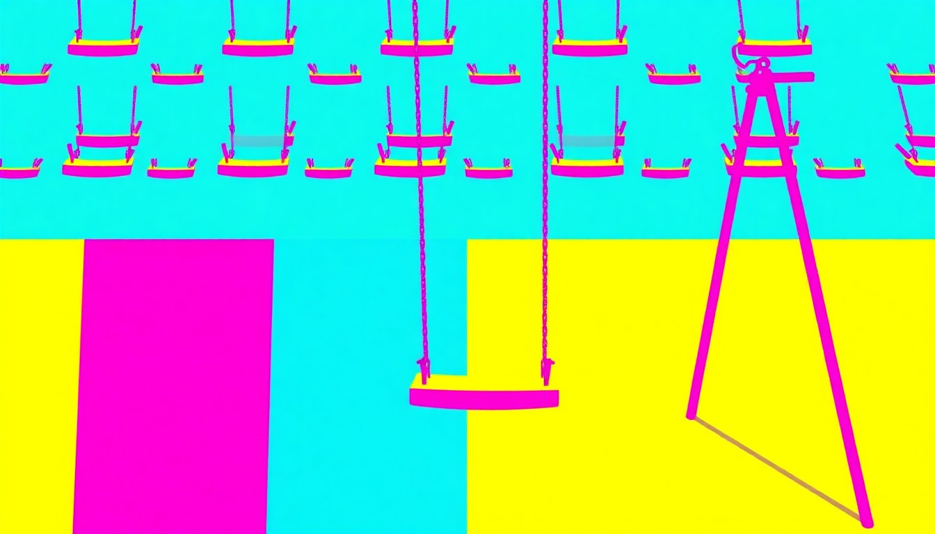 A highly stylized, abstract illustration of a children's swing set in a repeating grid pattern, using bold, neon-like colors to convey a sense of energy and inclusivity.