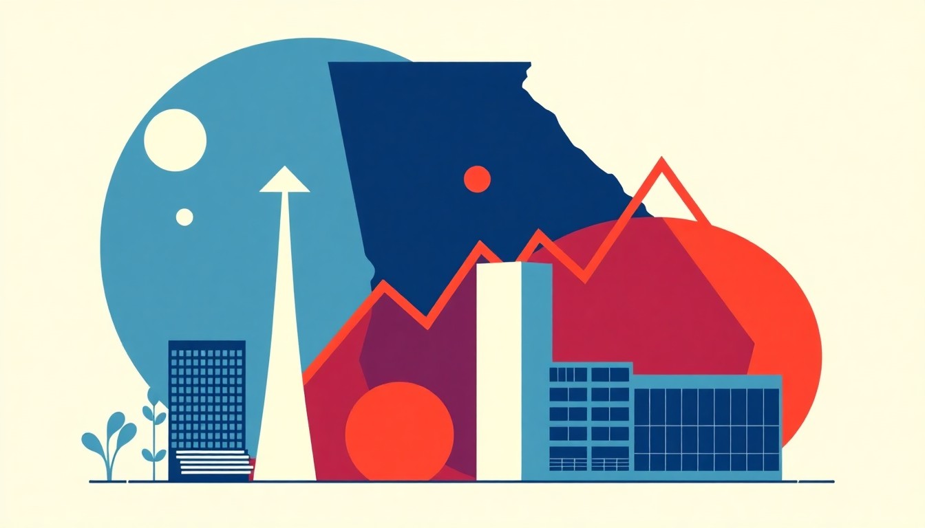 A bold, abstract illustration using primary colors and geometric shapes to conceptually represent the economic factors and community concerns around Georgia's growing data center industry.