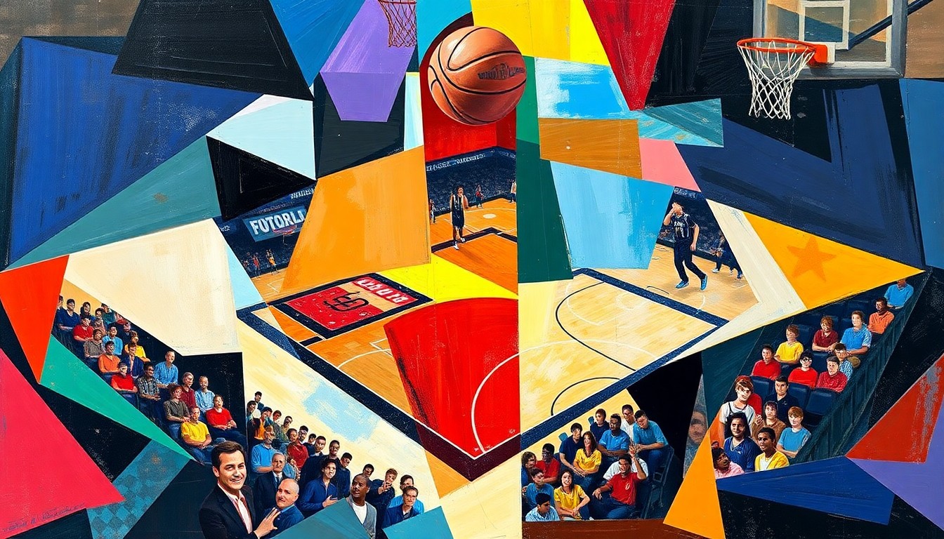 A cubist, geometric painting depicting a fragmented college basketball game, with sharp planes of the team's colors overlapping to create a dynamic, abstract composition.