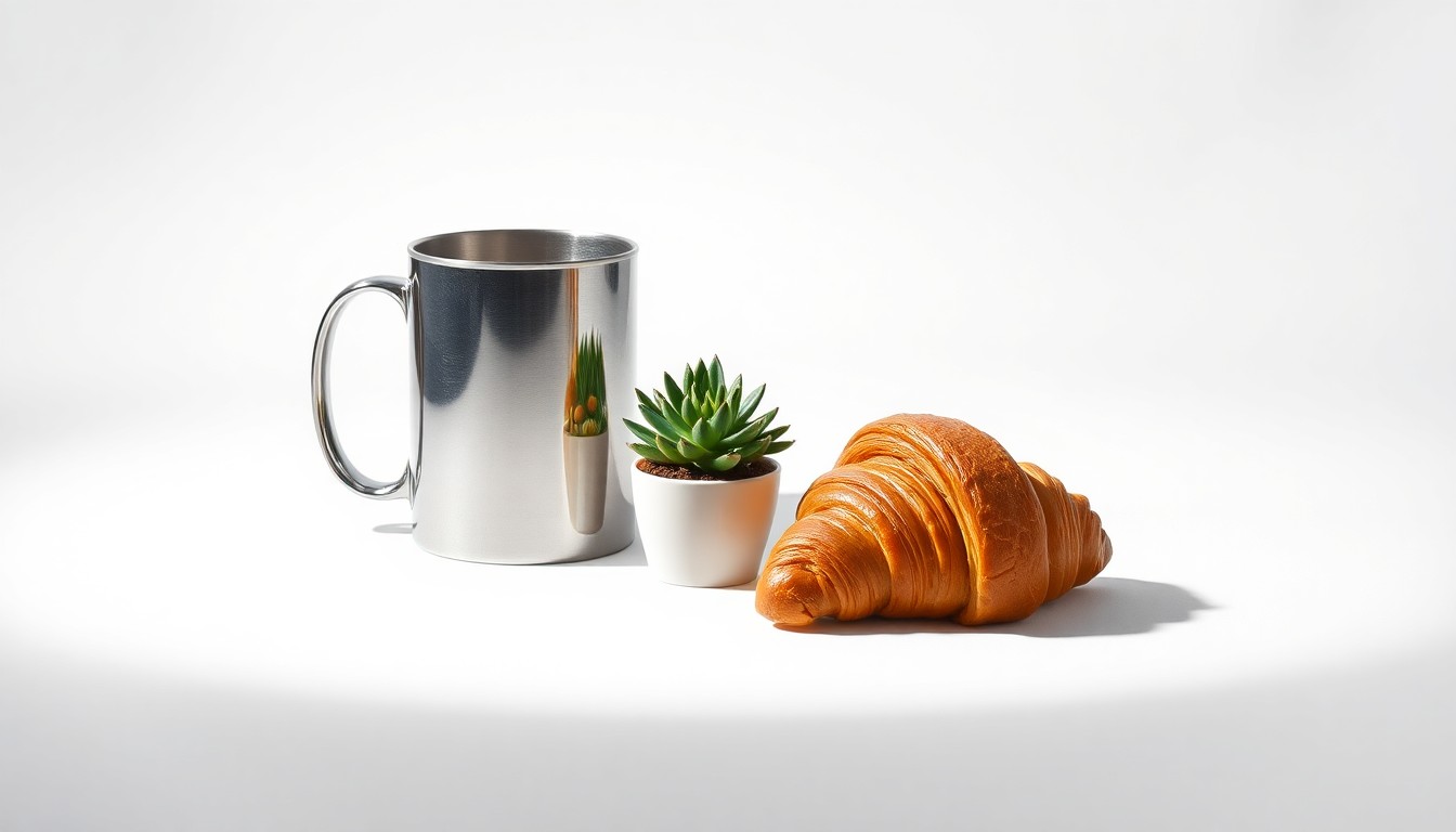 A photorealistic studio still life featuring a stainless steel coffee mug, a freshly baked croissant, and a small potted plant, symbolizing the balance between corporate interests and local community focus in Lubbock's evolving business landscape.