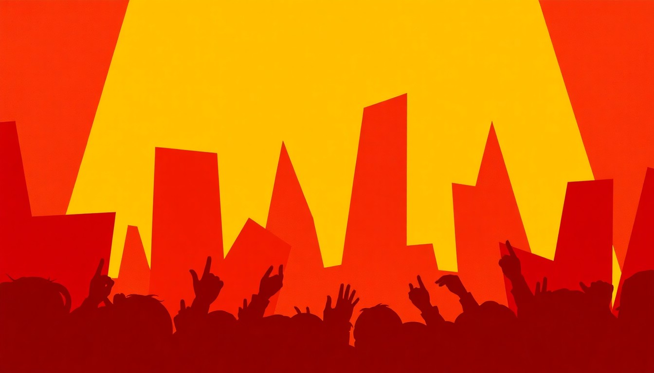 A striking abstract composition of jagged, overlapping geometric shapes in shades of red, brown, and yellow, conceptually representing the energy and spirit of a live country music performance.