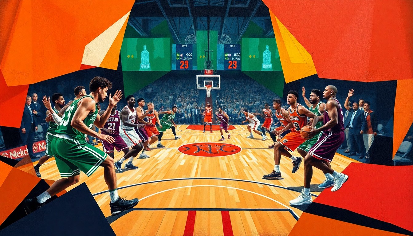 A fractured, multi-perspective painting in a cubist style, breaking down a basketball game between the Celtics and Knicks into sharp, overlapping geometric shapes and planes of vibrant green, orange, and brown colors.
