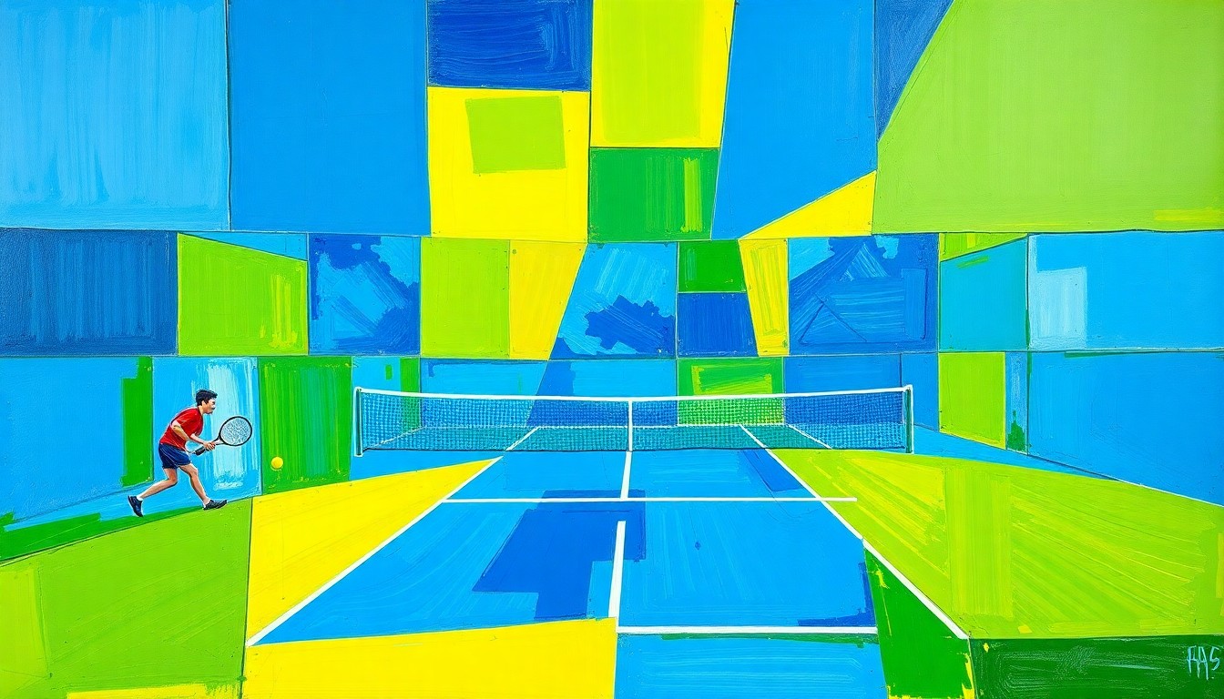 A fragmented, geometric painting depicting a high school tennis match, with sharp planes of bright blue, green, and yellow overlapping to create a dynamic, abstract composition.