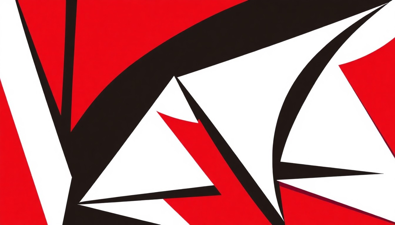 An abstract, minimalist illustration using bold, jagged shapes in red, white, and black to conceptually represent the variety of arts events taking place in Sarasota.