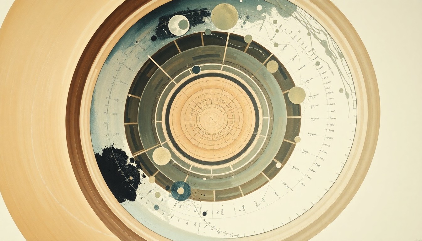 A highly structured abstract painting in muted earth tones, featuring sweeping geometric arcs, concentric circles, and precise spirals, visually representing the complex forces and vast distances involved in the Artemis II lunar mission.