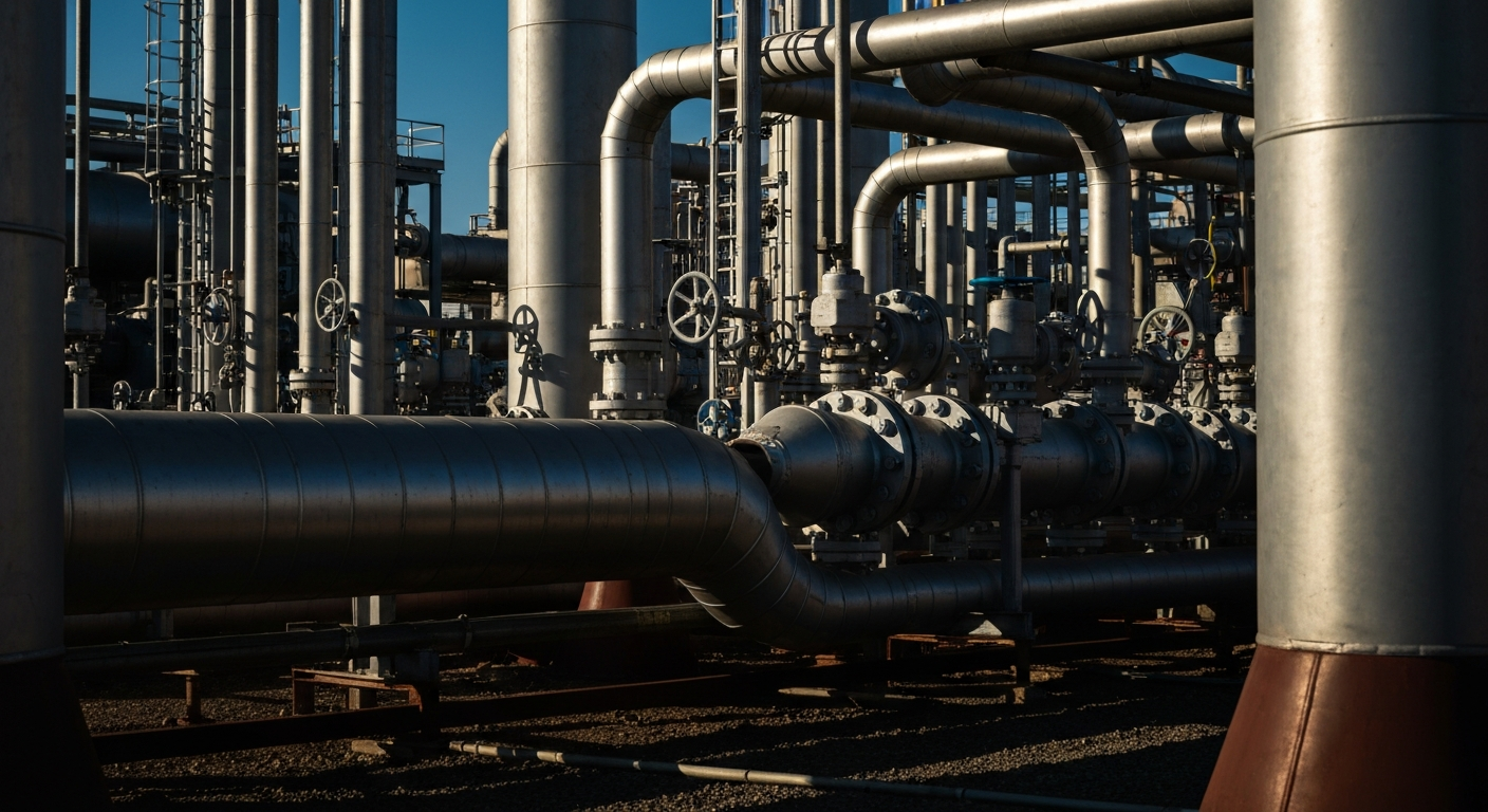 An extreme close-up of industrial pipes, valves, and machinery, conveying the physical scale and complexity of natural gas transportation and processing facilities.