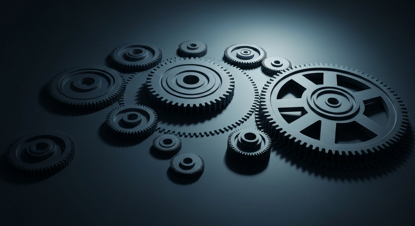 An extreme close-up of highly detailed, industrial-looking financial machinery and equipment, conveying the complex, institutional nature of the biotech industry without using any literal financial symbols or text.