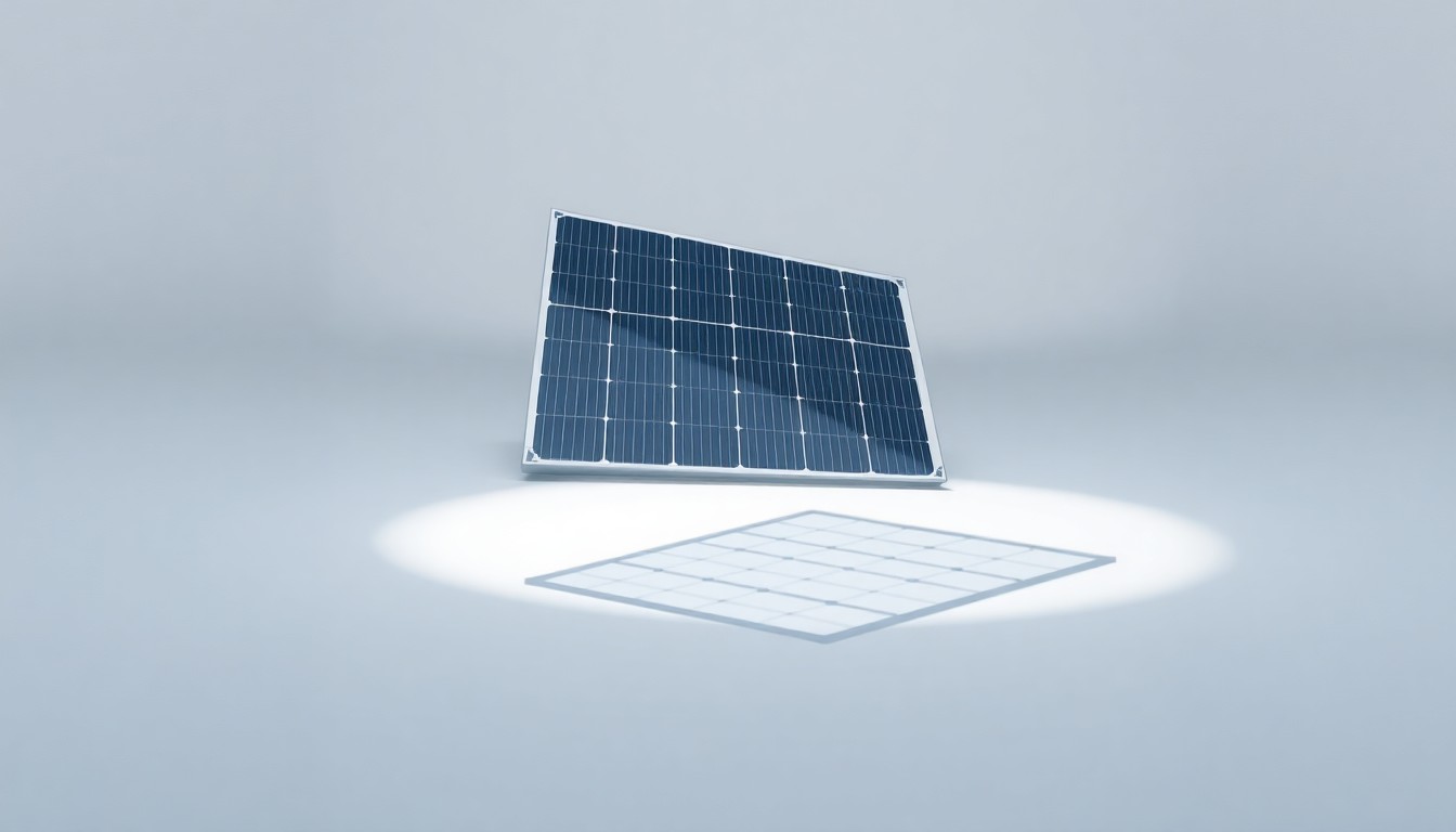 A photorealistic studio still life of a sleek, geometric solar panel component floating on a clean, monochromatic background, conveying the abstract concepts of corporate strategy and the future of renewable energy.