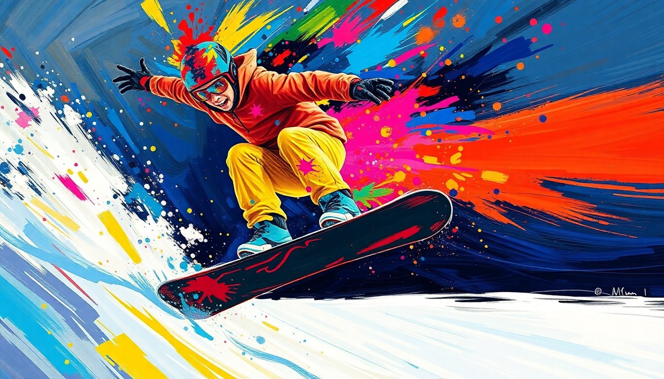 An abstract, energetic painting in neon colors depicting the dynamic motion and raw athleticism of a young snowboarder mid-jump, with their face and surroundings blurred into vibrant, expressive brushstrokes.