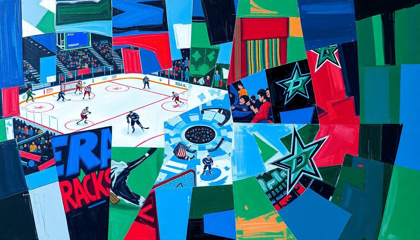 A cubist, geometric painting depicting a hockey game in progress, with sharp, overlapping planes of color representing the players and action on the ice.
