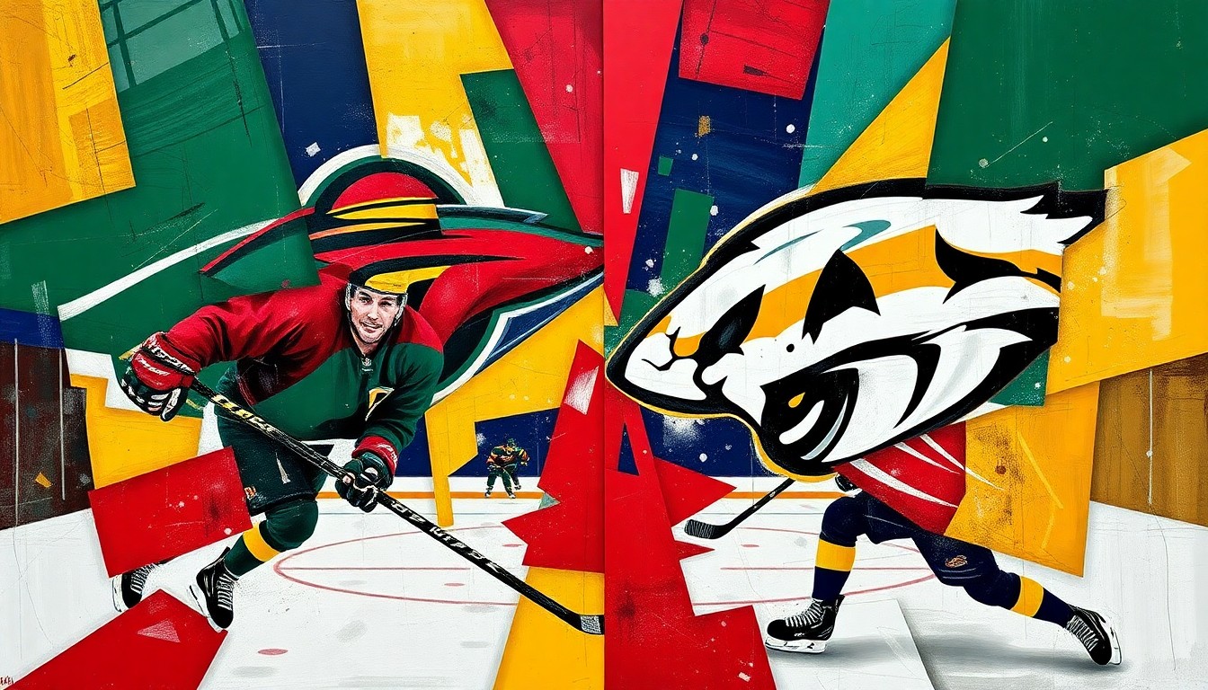 A fragmented, geometric painting depicting the dynamic movement and energy of a hockey game between the Minnesota Wild and Nashville Predators, with the teams' colors intertwining across the canvas.
