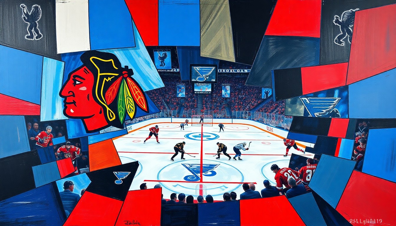 A cubist, geometric painting depicting a hockey game between the Chicago Blackhawks and St. Louis Blues, with the players and action broken down into sharp, overlapping planes of color.