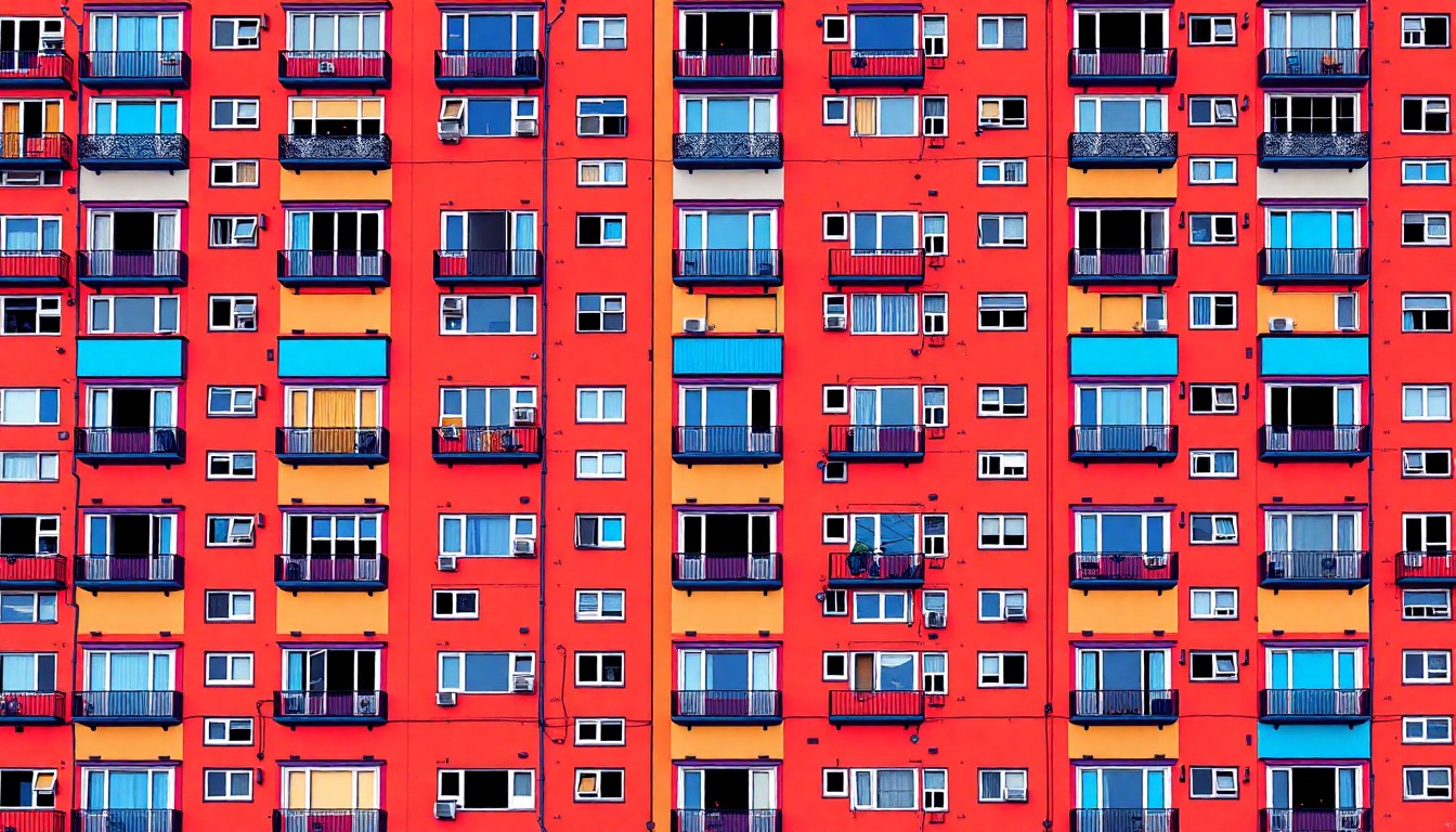A visually striking, abstract illustration composed of repeated images of a stylized apartment building facade in vibrant neon colors, conceptually representing the redevelopment of the Campello High-Rise into a new residential complex.
