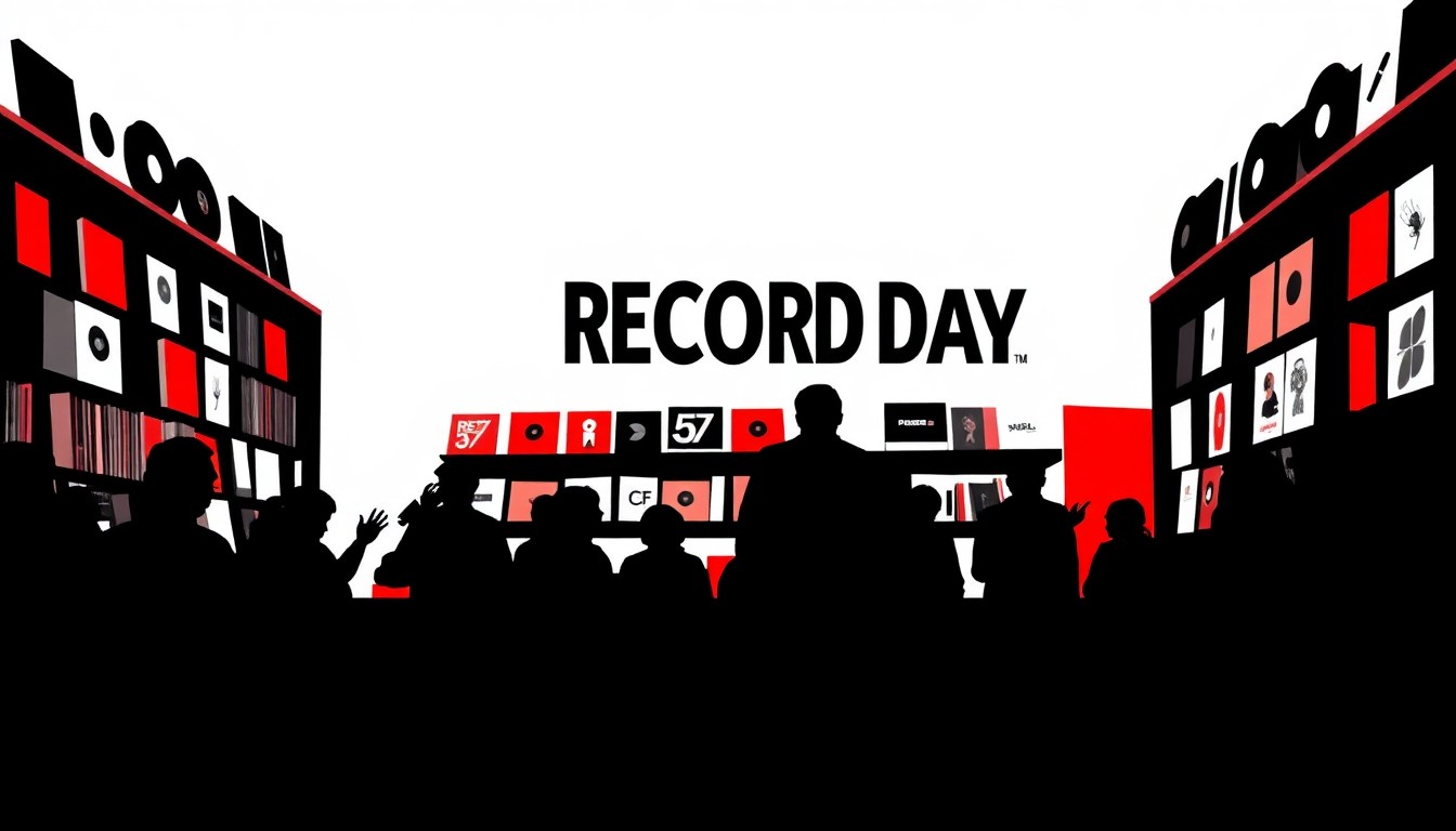 A dynamic, abstract illustration featuring bold black silhouettes of record players, speakers, and other music equipment set against a bright red background, conveying the vibrant energy and community spirit of an independent record store on Record Store Day.