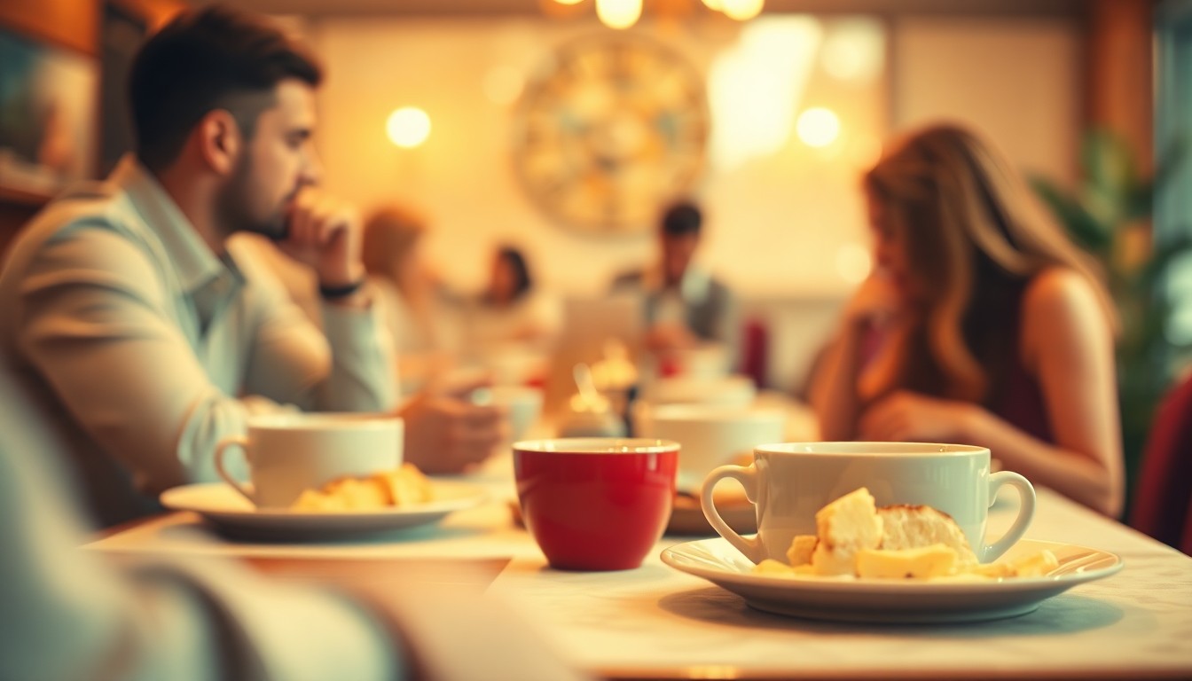 An extremely abstracted, out-of-focus photograph in soft pools of warm color and light, depicting a blurred brunch scene with plates of food, coffee cups, and indistinct figures, conceptually representing the cozy, community-focused atmosphere of Midwest brunch destinations.
