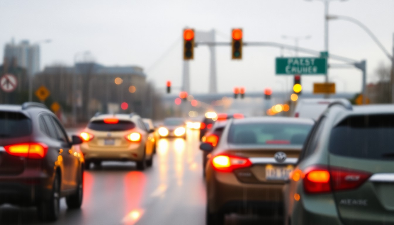 A blurred, out-of-focus scene of cars and traffic lights on a rainy evening, with only hints of the Roosevelt Bridge visible in the background, conveying a sense of disruption and inconvenience caused by the lane closures.