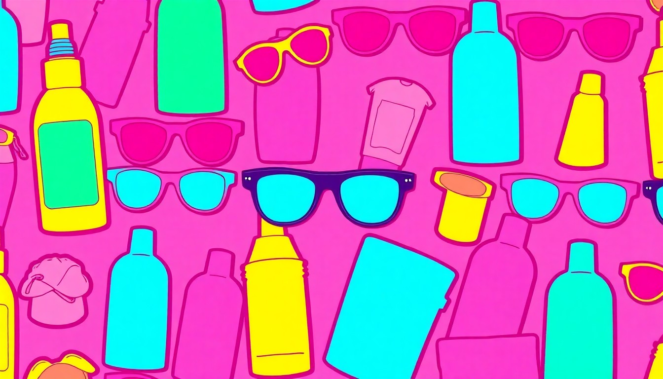 A grid of brightly colored, high-contrast silkscreen images of various summer objects like sunscreen bottles, sunglasses, and beach towels, rendered in a bold, abstract pop art style with overlapping neon hues and heavy black outlines.