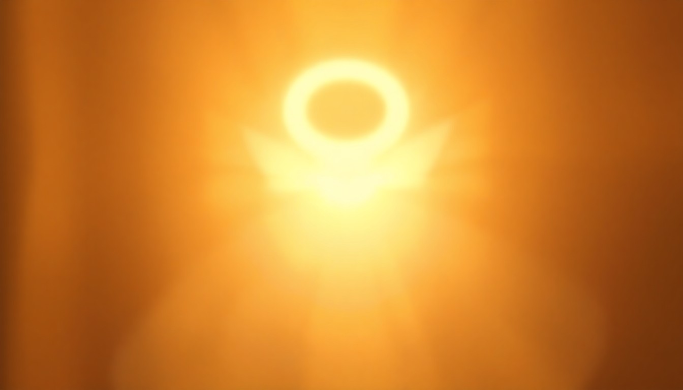 An extremely abstracted, out-of-focus photograph of a glowing, ethereal halo of light against a blurred, warm-toned background, conceptually representing the spiritual nature of an angelic figure.