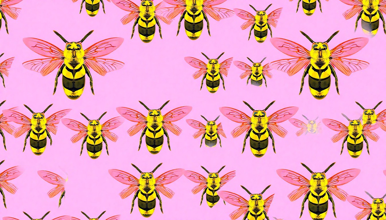 A high-contrast, neon-colored silkscreen print of a yellow jacket insect repeated in a tight grid pattern, creating a bold and abstract pop art representation of the crossword clue.