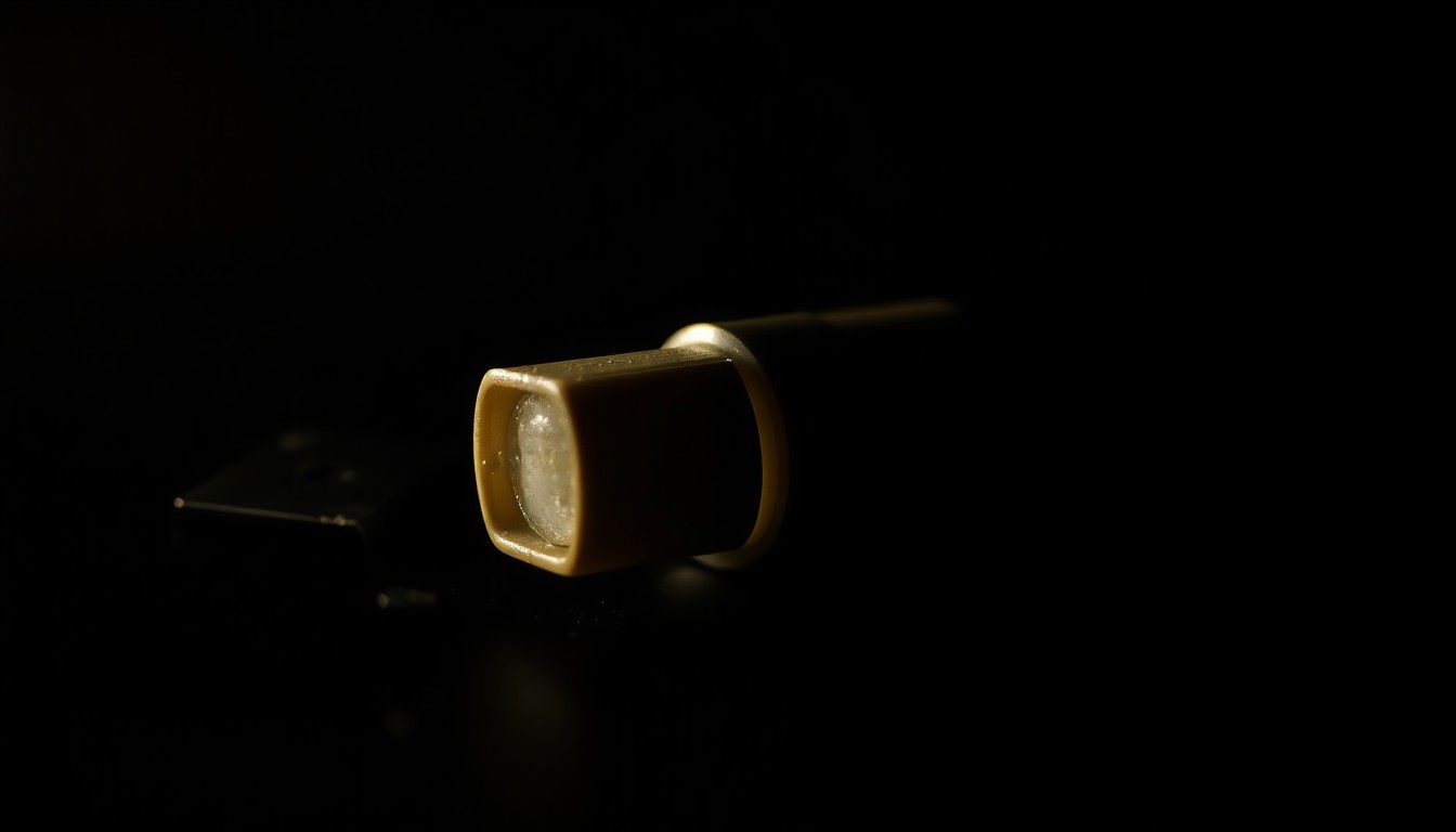 An extreme close-up photograph of a damaged car sensor or other physical evidence from the crime scene, lit by a harsh, direct camera flash against a pitch-black background, conveying a stark, gritty, and investigative aesthetic.